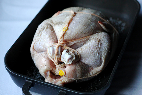 A prepped chicken, tied and stuffed, and ready to go into the oven. 