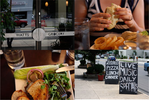 A collage image of a Watts grocery entrance, menu board, and different plates of food. 