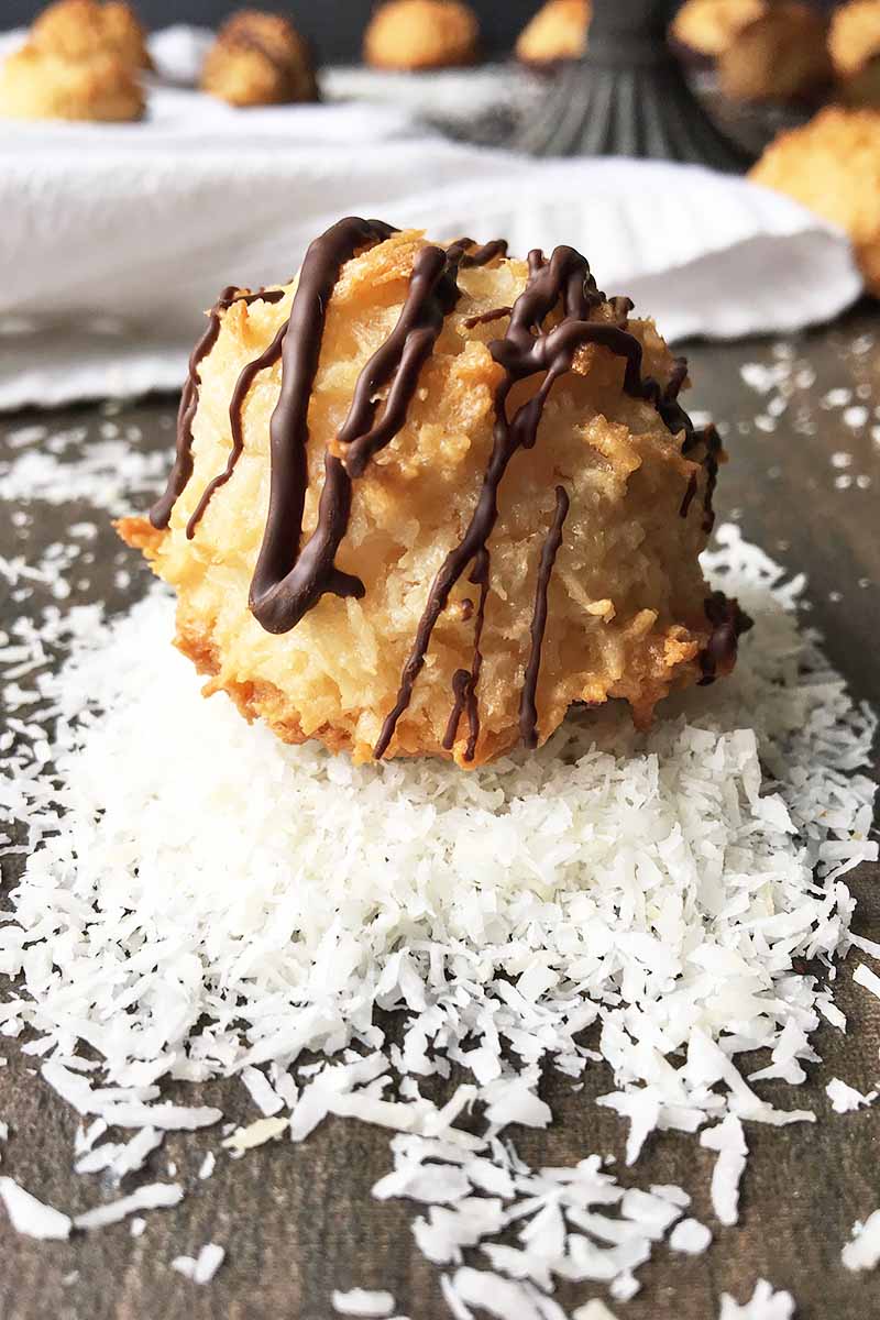 Vertical image of one macaroon drizzled with chocolate on a mound of shredded coconut.