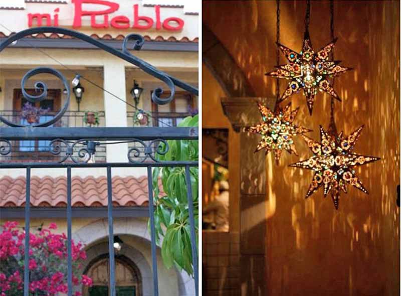 Dual image of the facade of Mi Pueblo restaurant and the star-shaped lanterns inside.