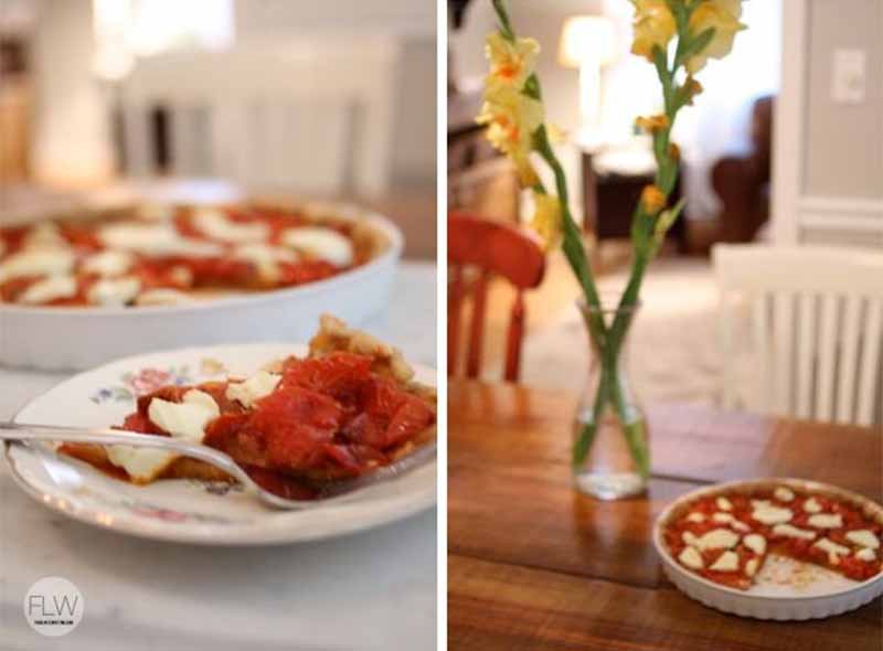 Composite picture of a white plate with a fork and a slice of tart on it with the rest in a white ceramic dish in the background, and a tart on a wood table with a chair and a vase of flowers on the other side.