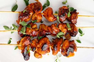Grill-less Grilled Sambal Chicken Skewers over Greens