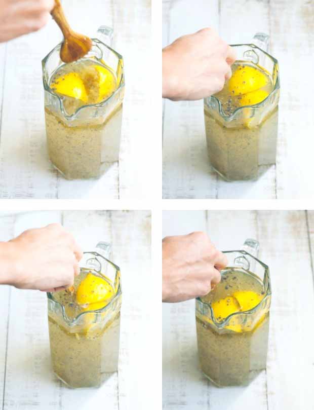 A collage of four photos showing different view of a healthy chia lemonade being made. All shots on a white washed wooden background.
