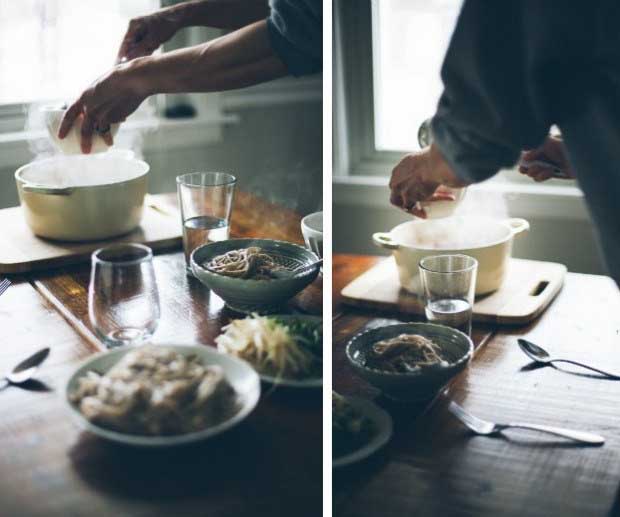 A collage of photos showing different views of a Balsamic Vegetable Soba Noodle Soup being prepared in a home kitchen.