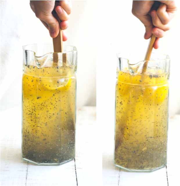 A collage of two photos showing chia lemonade being stirred by a human hand using a wooden spoon.
