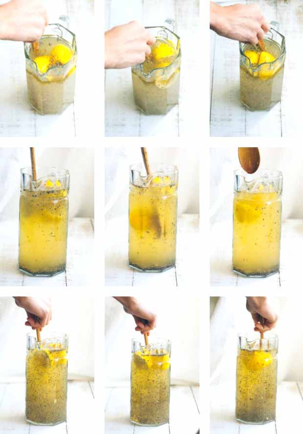 A collage of nine photos showing the steps to making chia lemonade.