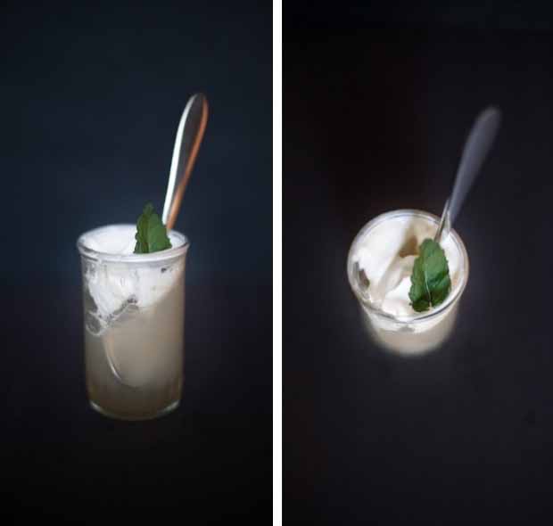 A collage of photos showing different views of a Matcha Mint Tea Jello With Honey Whipped Cream recipe in glass jars on a black background.