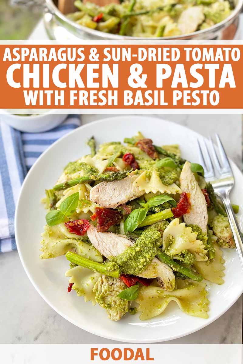 Vertical image of a white plate with farfalle mixed with green sauce, chicken, and asparagus, with text on the top and bottom of the image.