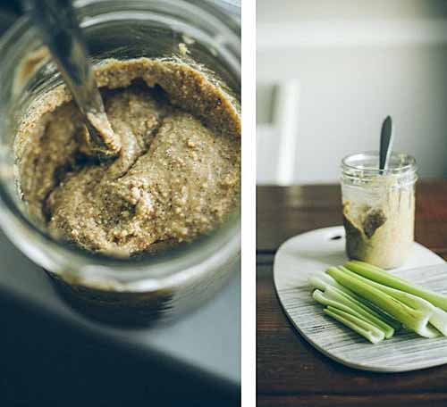 A collage of two photos showing a close up of the almond butter and another with celery. 