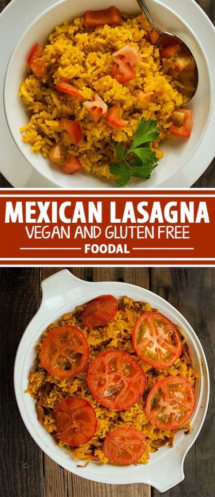 A collage of photos that show different views of a completed Mexican Lasagna recipe.