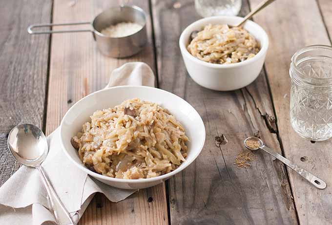 Two bowls of cabbage mushroom risotto captured at an oblique angle on a rustic wooden planked deck.