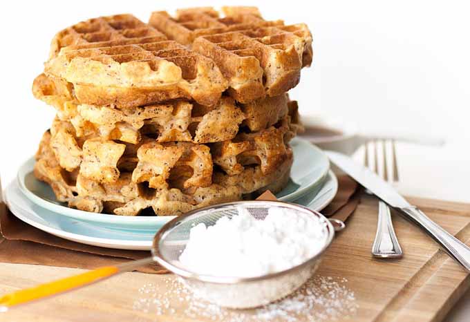 A side view of flax seed Belgian waffles with a sifter full of white powdered sugar.