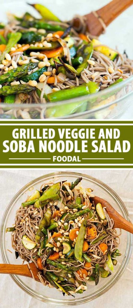 A collage of photos showing different views of a grilled veggie and soba noodle salad.