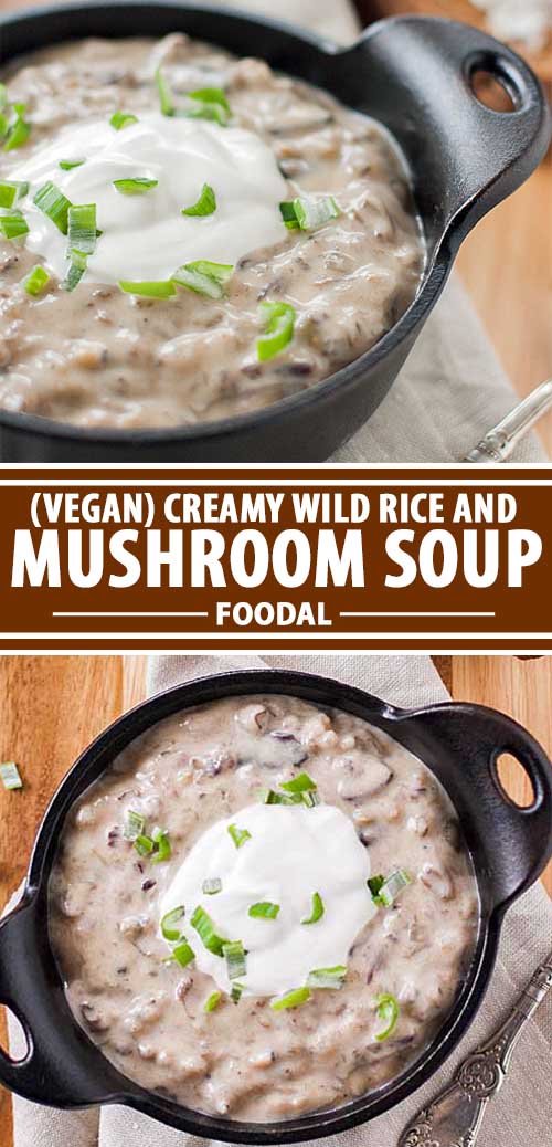 A collage of photos showing different views of bowls of vegan creamy wild rice and mushroom soup.