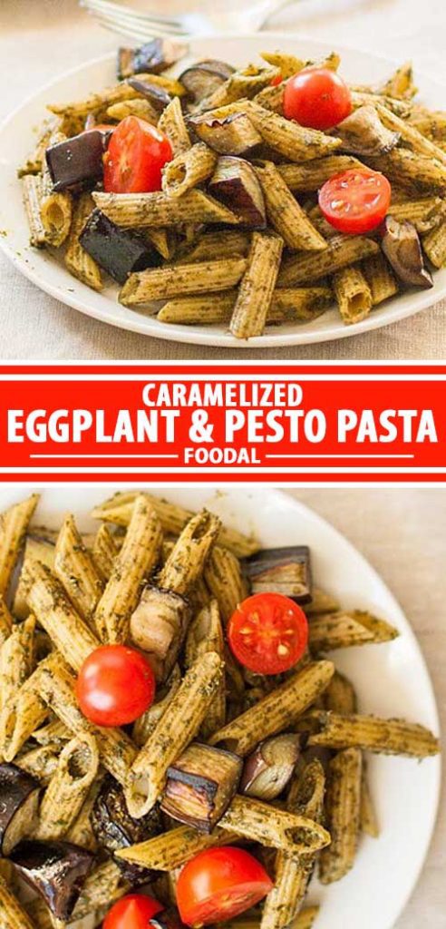 A collage of photos showing different views of a caramelized eggplant and pesto pasta recipe.