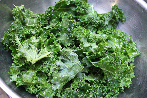 Horizontal image of fresh, clean kale in a metal bowl.