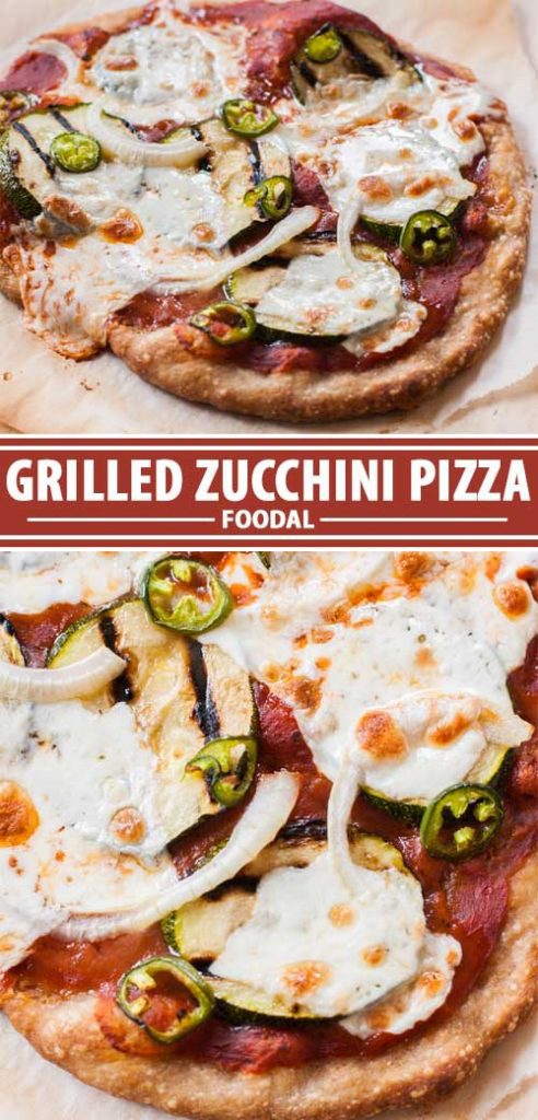 A collage of photos showing different views of a vegetarian grilled zucchini pizza.