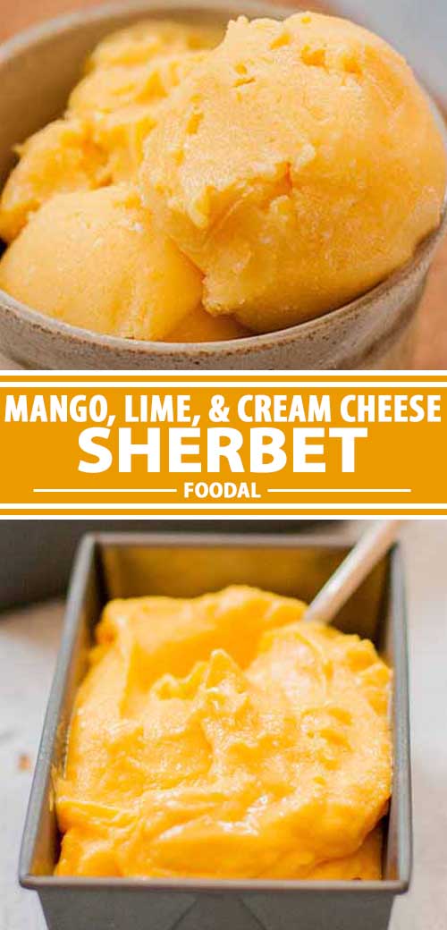 A collage of pictures showing a mango and lime sherbet recipe.