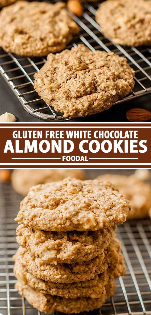 A collage of photos showing a gluten-free white chocolate chip almond cookie recipe.