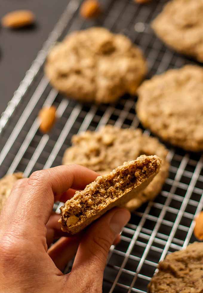 A closeup of a hand holding a just-baked golden brown white chocolate chip cookie with the remainder of the batch in shallow focus in the background. 