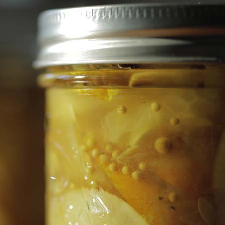 homemade bread and zucchini butter pickles in glass canning jar - diffused darker background