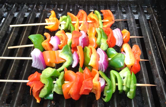 Onion and Bell Pepper Kabobs on a grill