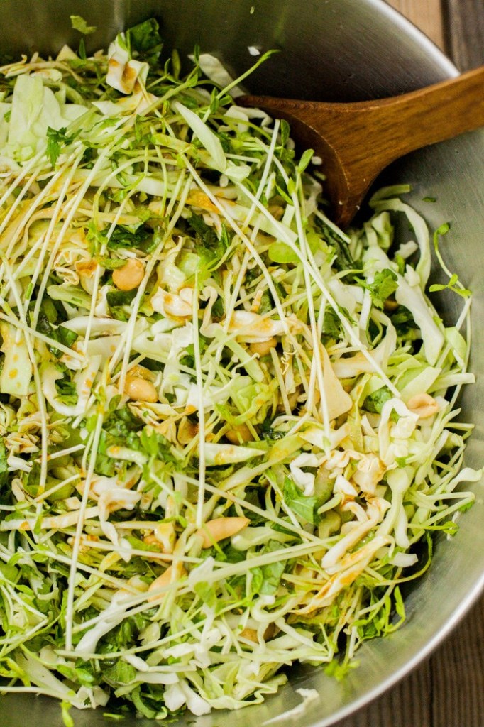 Close up, top down view of an Asian-inspired cabbage and pea sprout dish.