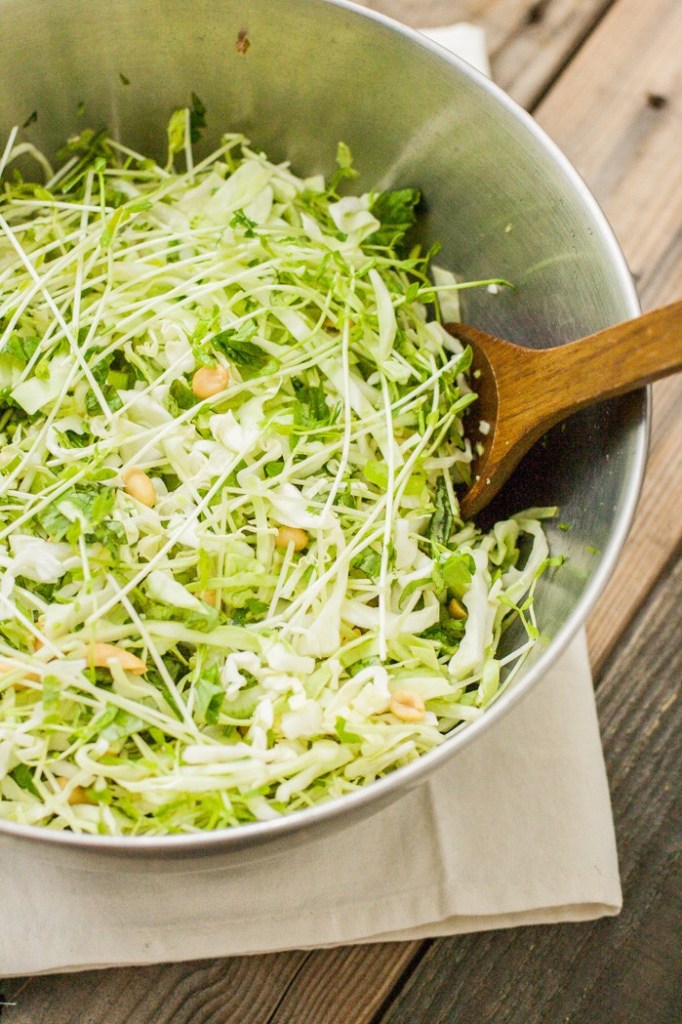 Top down view of a salad made with fresh cabbage, pea spouts, and a dressing made with sesame oil, rice vinegar, and honey.