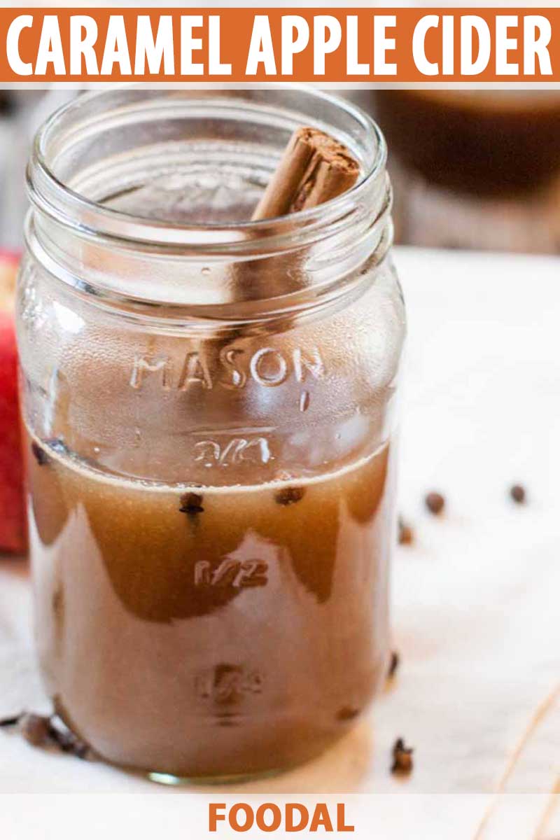 A close up of a mason jar full of caramel apple cider with cinnamon sticks sticking out of the jar.