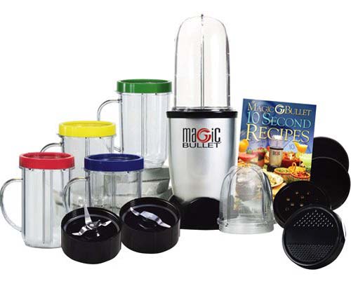 Magic Bullet Express Deluxe 26-piece blender with accessories on white background 