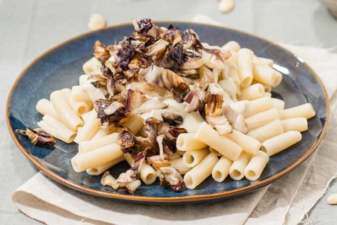A close up of a ceramic blue plate full of a vegan pasta Alfredo sauce made with gluten-free noodles and a dairy-free cashew cream sauce and topped with sauteed radicchio.