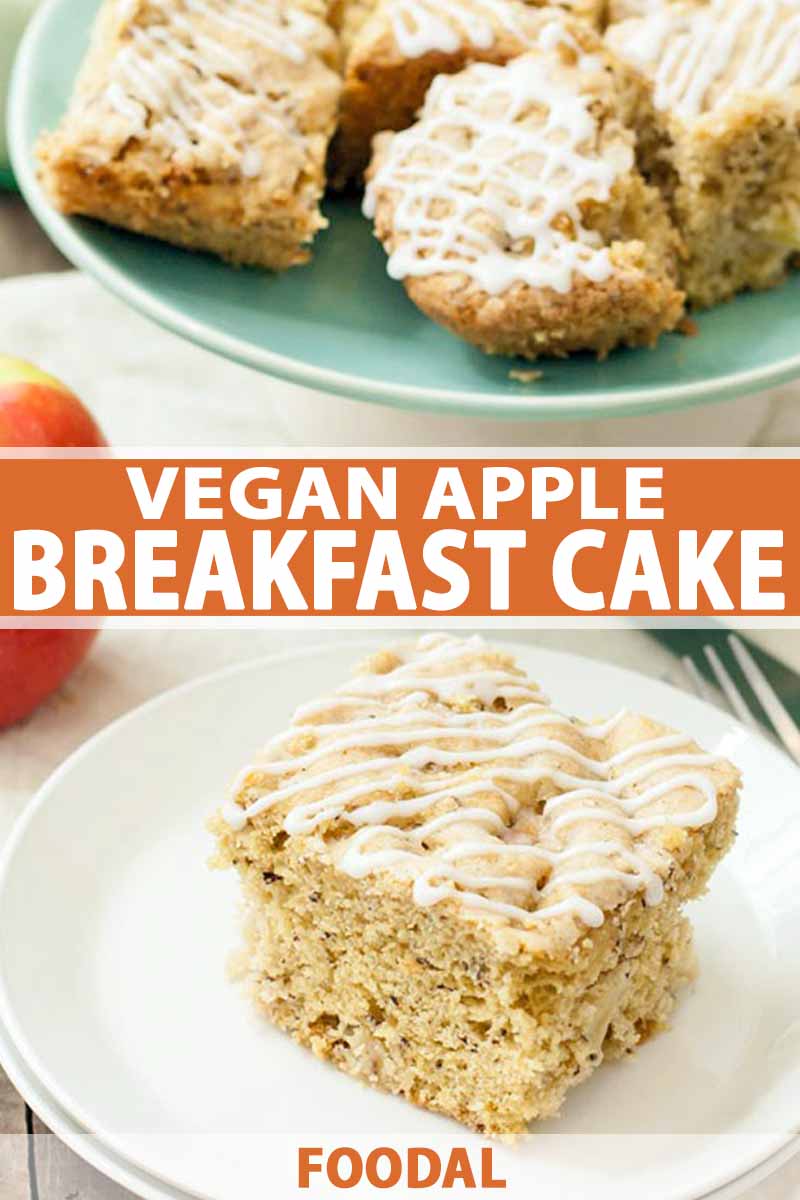 Closely cropped shot of a white plate topped with a slice of vegan apple cake with a drizzle of white sugar icing on top, with a green plate topped with more pieces of the baked good in the background, with a red apple on a white cloth, printed with orange and white text.