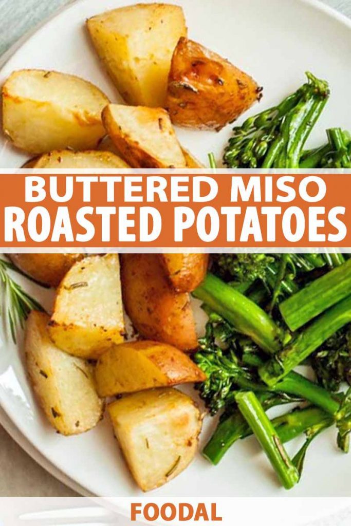 Closeup image of red roasted potatoes on a white plate with sauteed broccolini, printed with white and orange text.