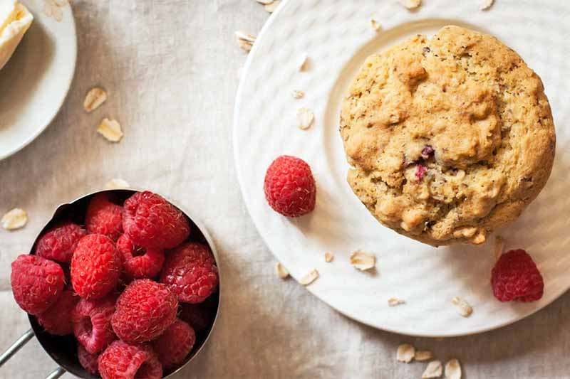 Top-down vertical image of a muffin and two raspberries on a plate, with a measuring cup of more berries, a plate of butter, and scattered oats on a beige tablecloth.
