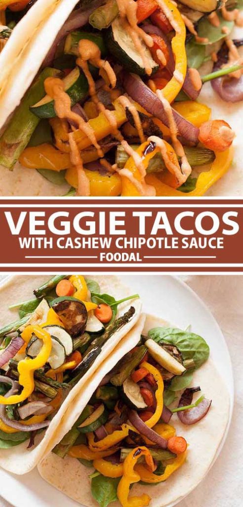 A collage of photos showing different views of a veggies taco with cashew chipolte sauce.
