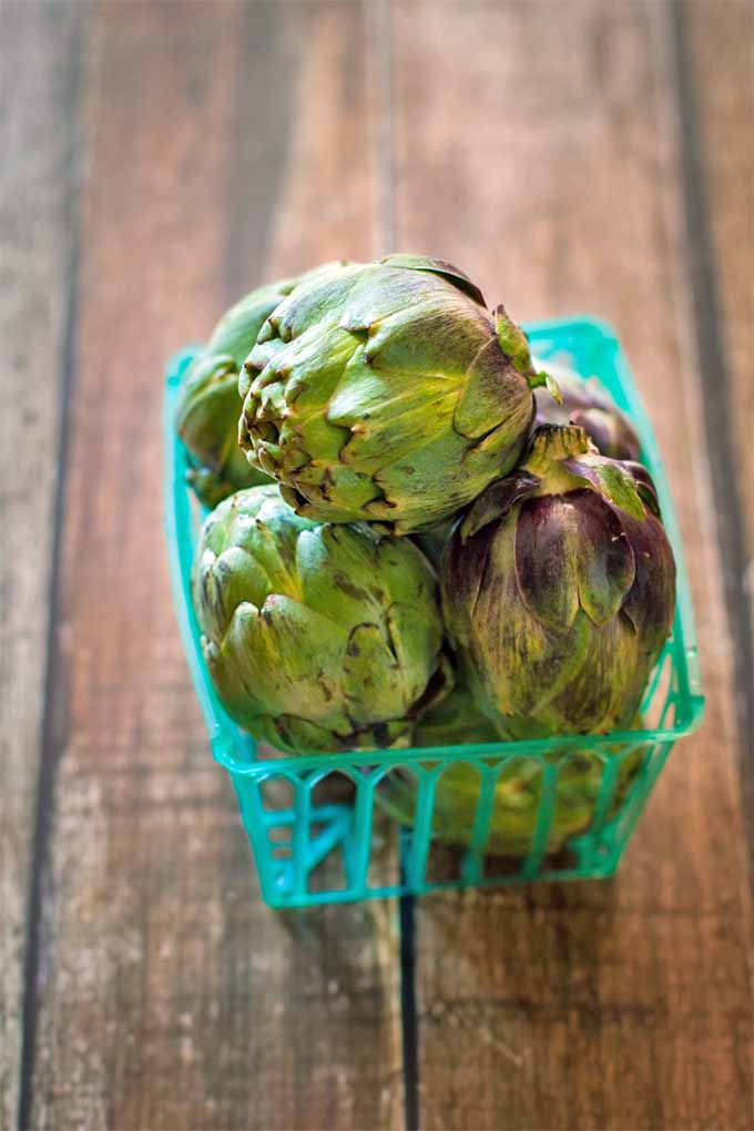 A green plastic pint basket of green and purple baby artichokes, on a brown wood background.