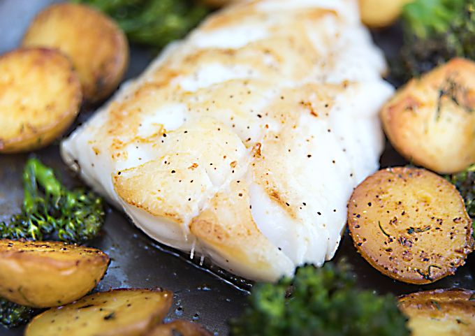 Wild Black Cod Sautéed Fillet Served with Potatoes and Broccoli