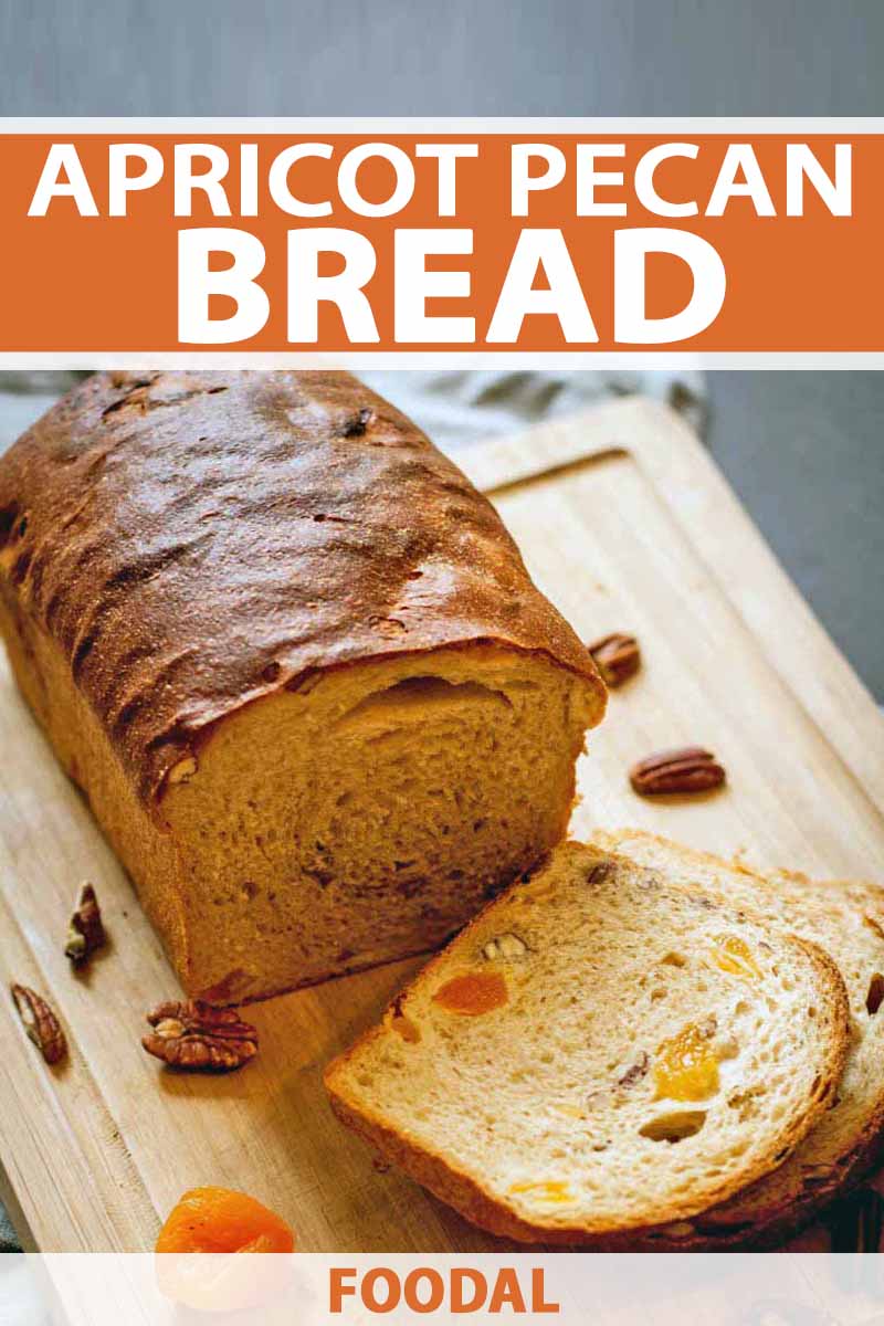 Vertical image of a loaf and a few slices of homemade fruit and nut bread, on a wooden cutting board with scattered pecans and dried apricots, on a gray background, printed with orange and white text.