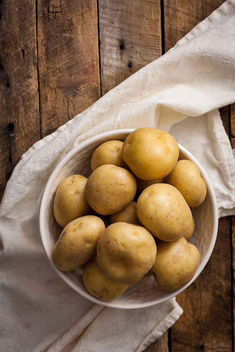 Vertical image of a white bowl with whole spuds on a white towel.