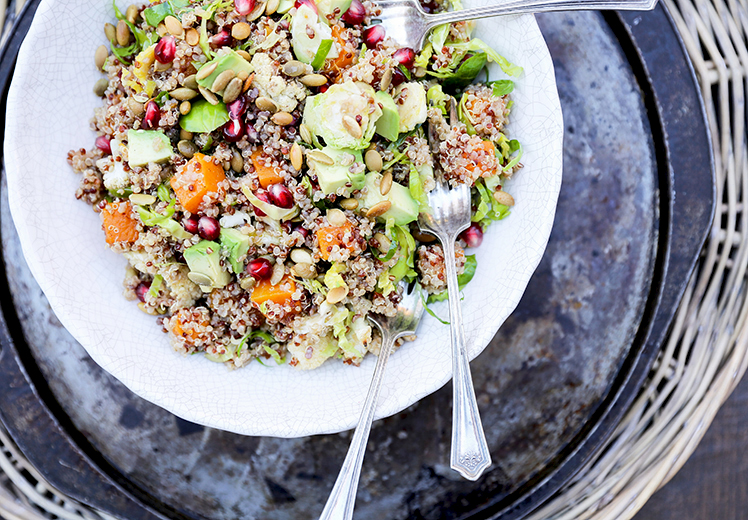 Quinoa and Brussels Sprout Salad with Roasted Butternut Squash, Cauliflower, Avocado and Pomegranate
