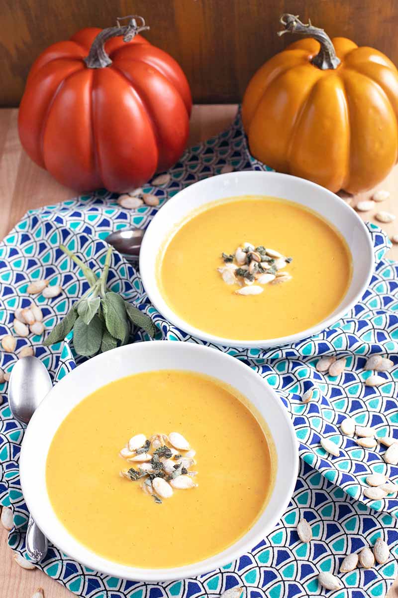 Oblique shot of two white bowls of orange soup garnished with pumpkin seeds and chopped fresh sage, on a blue and white patterned cloth with a sprig of fresh herbs, a spoon, and scattered seeds, with one light and one dark orange decorative plastic pumpkins in the background.