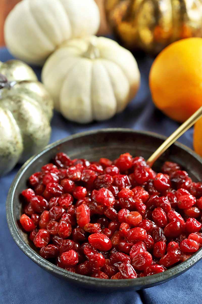 Vertical oblique shot of a round gray serving dish of roasted cranberries with a gold serving spoon, on a blue cloth surface with whole oranges, miniature white pumpkins, and two decorative gold artificial pumpkins in the background.