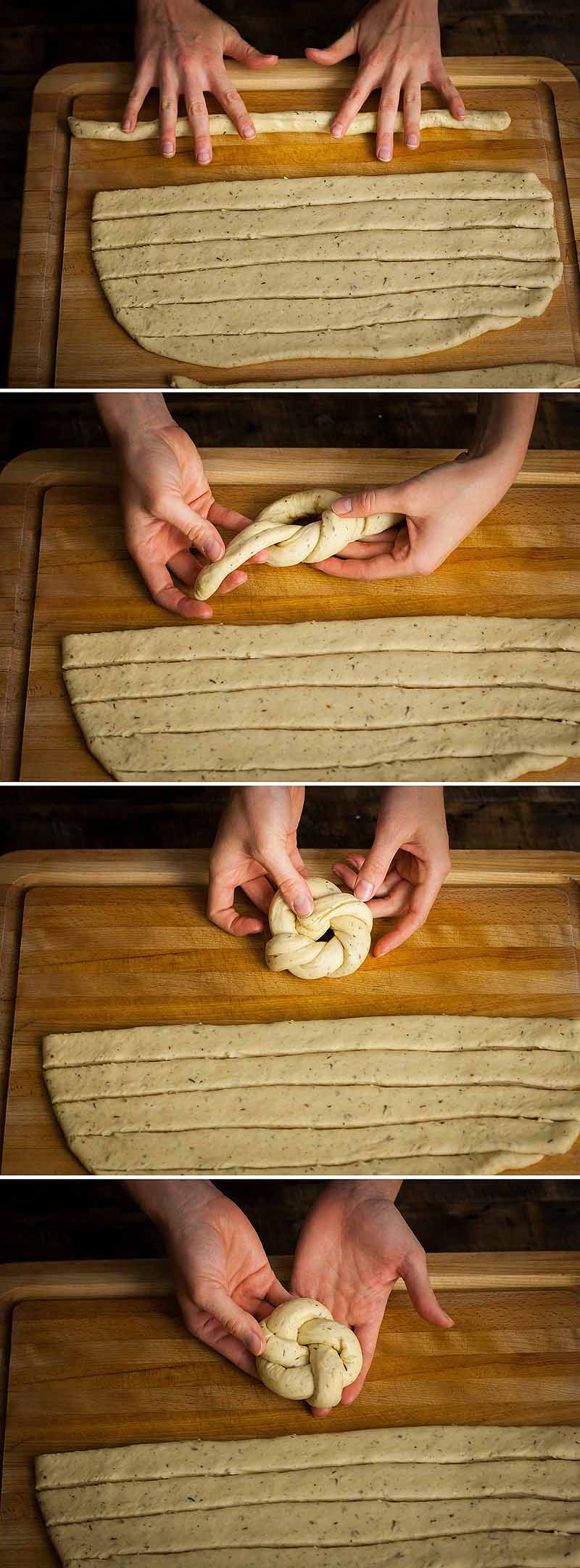 A collage of step-by-step photos showing how to make bread knots.