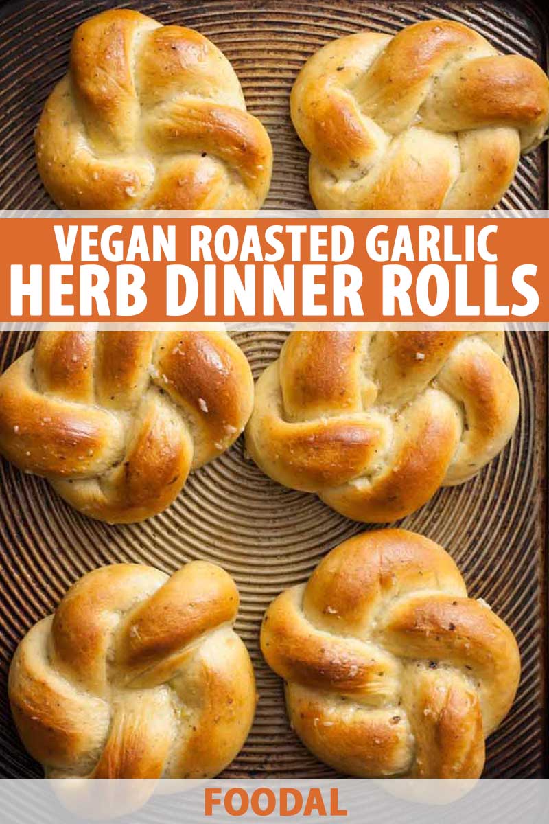 Top-down view of six vegan roasted garlic and herb dinner rolls in a baking pan.