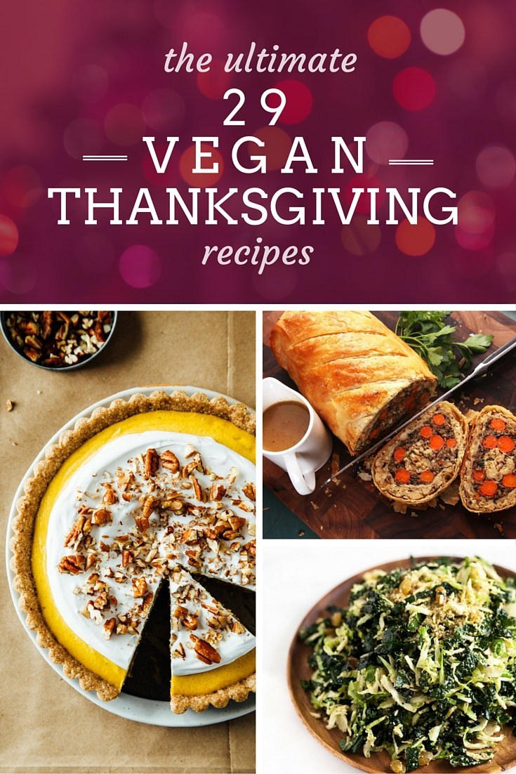 A collage of photos showing different types of vegan Thanksgiving recipes.