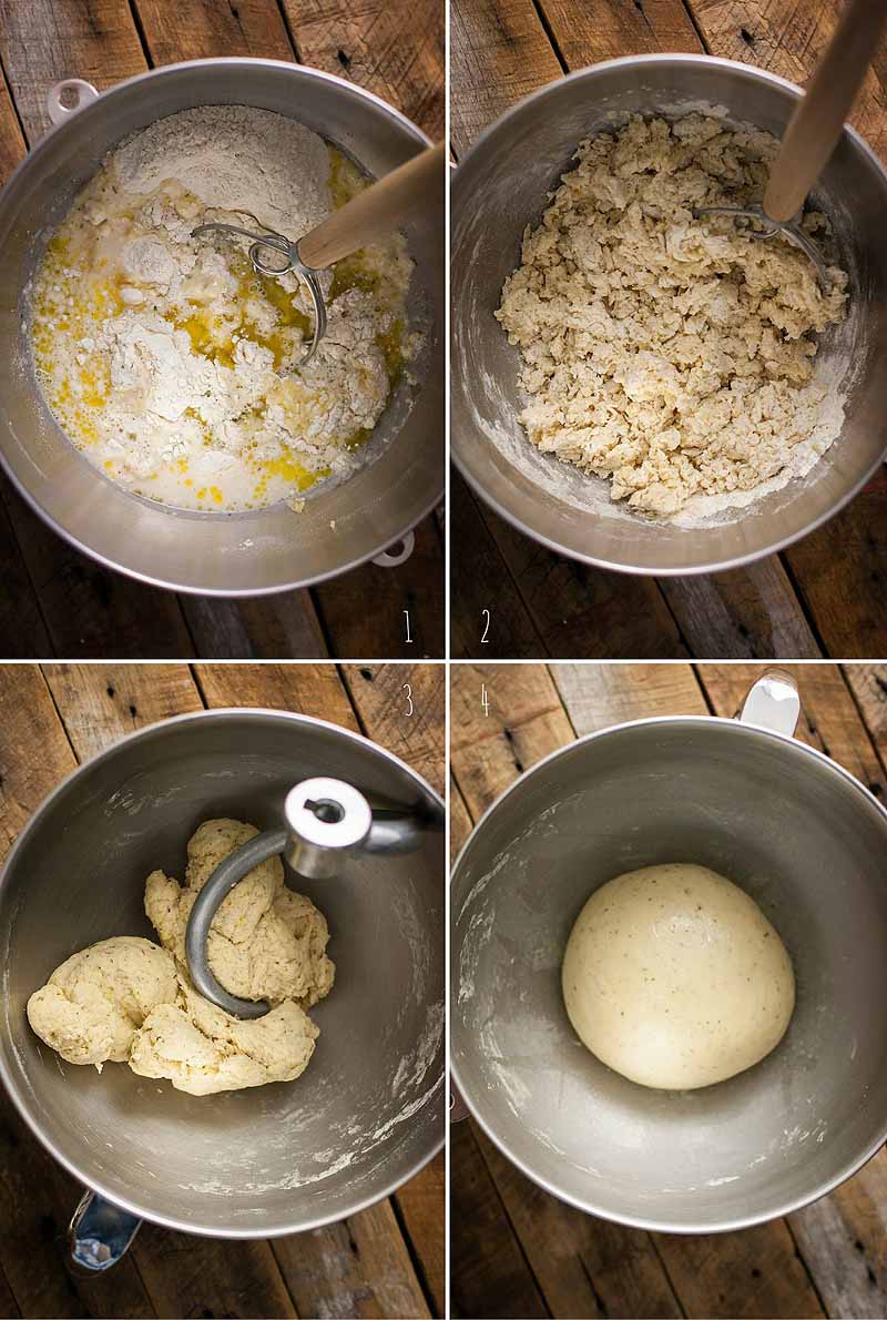 A collage of photos showing the steps for mixing dough to make dinner rolls. Top-down view of four photos with the dough being blended inside of a stainless mixing bowl with both a Danish whisk and the dough hook from a stand mixer.