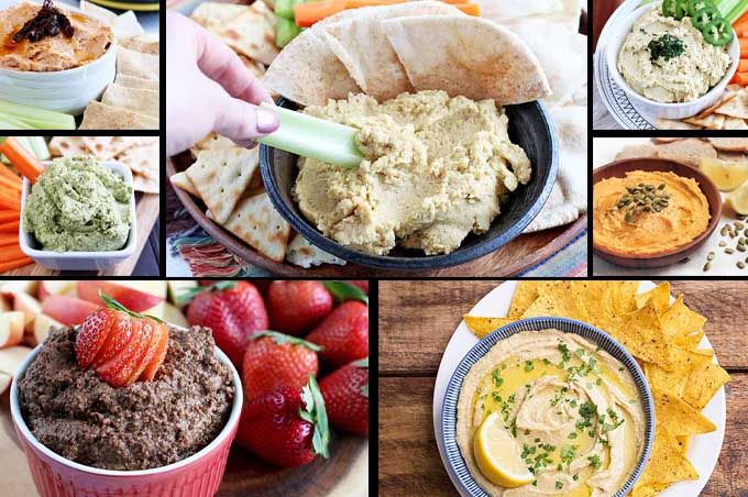 A collage of photos showing different types and flavors of gourmet hummus.