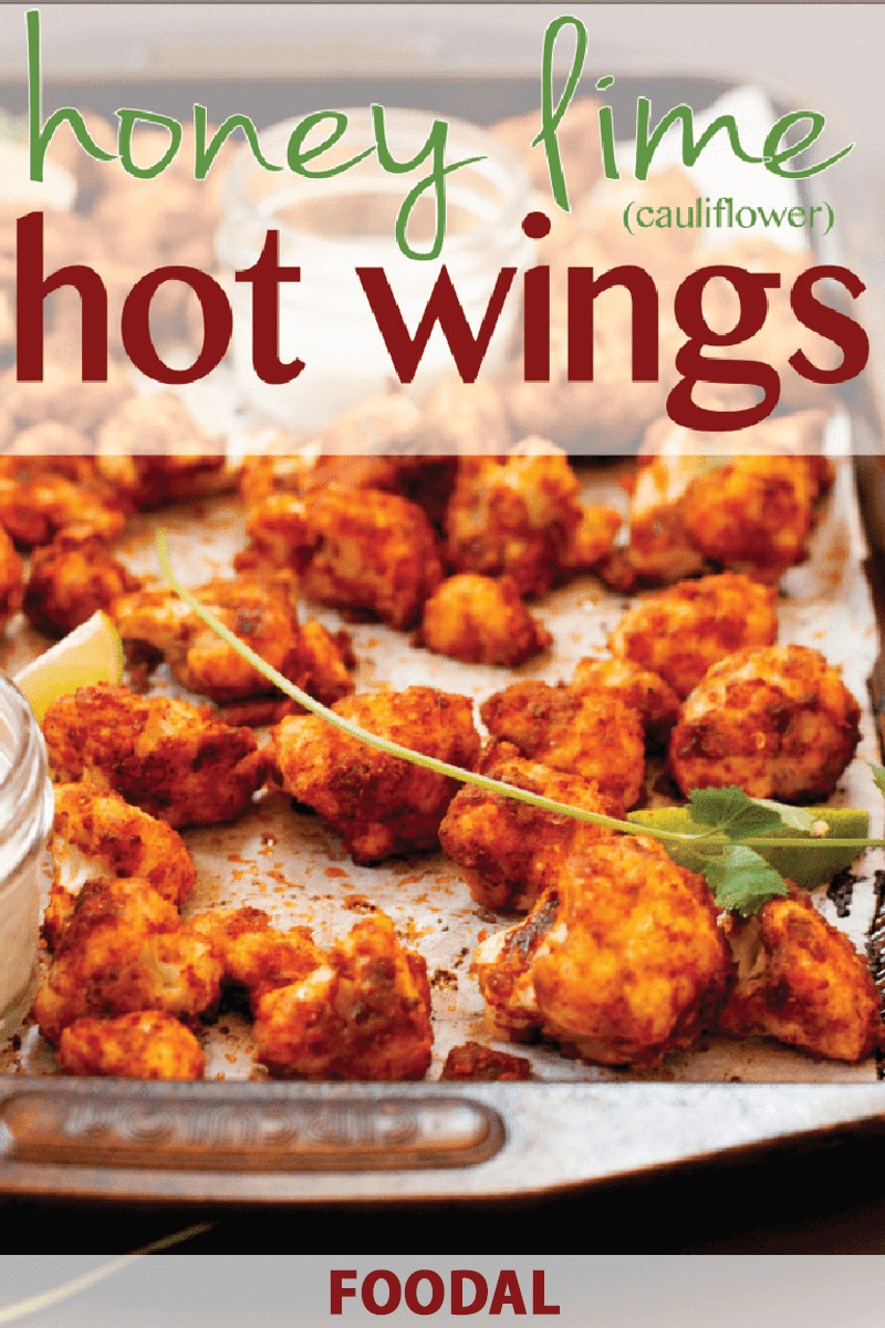 Closeup view of a pan of "hot wings" made with cauliflower rather than chicken.