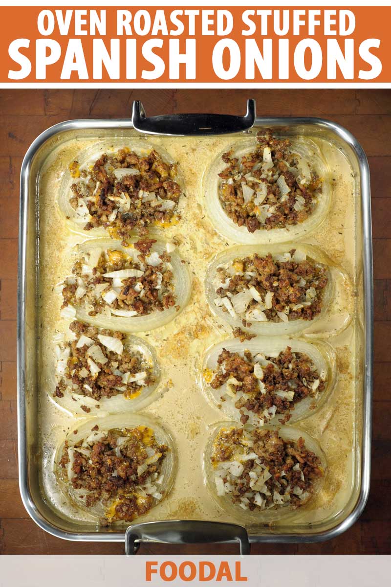 Top down view of a roasting pan full of onions stuffed with ground beef with a cream sauce.