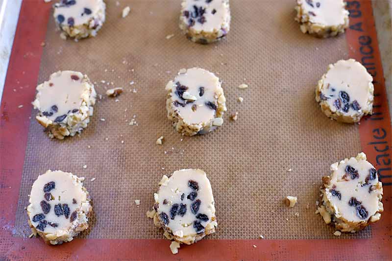 Slices of cookie dough rolled in a coating are arranged on an orange and tan Silpat silicone pan liner for baking.